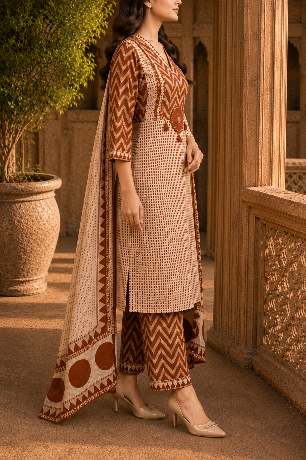 Beige & Rust Handblock Kurta Set with Pant & Dupatta (3-Piece) – Desert Earth - Image 4