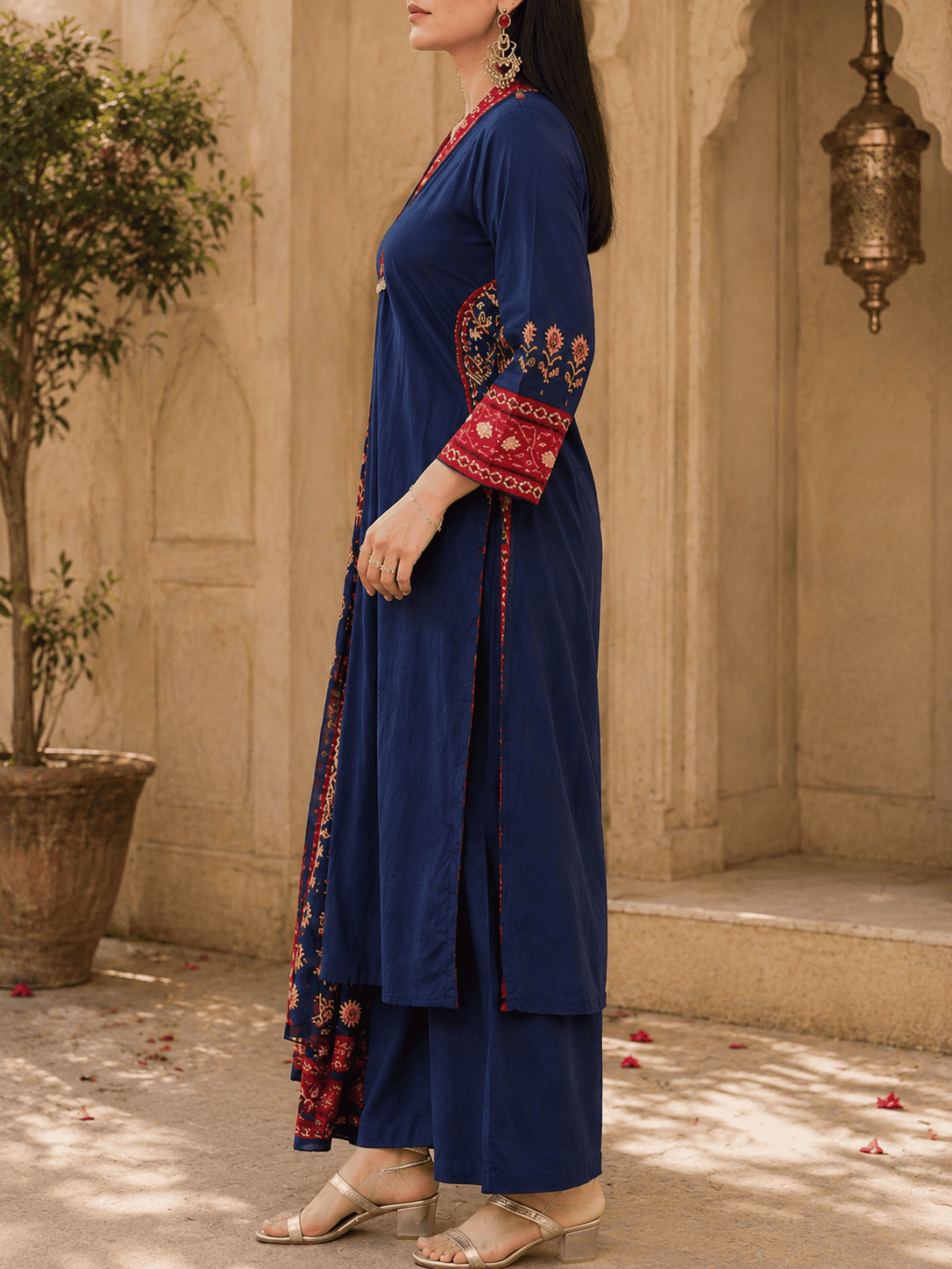 Pure Cotton Embroidered Kurti Set with Pants & Dupatta - Image 3
