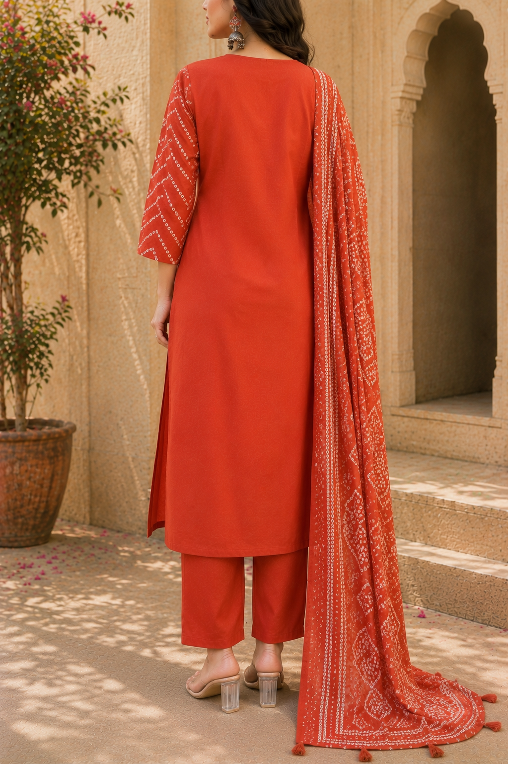 Pure Cotton Bandhani Printed Kurta Set with Palazzos & Dupatta - Image 2