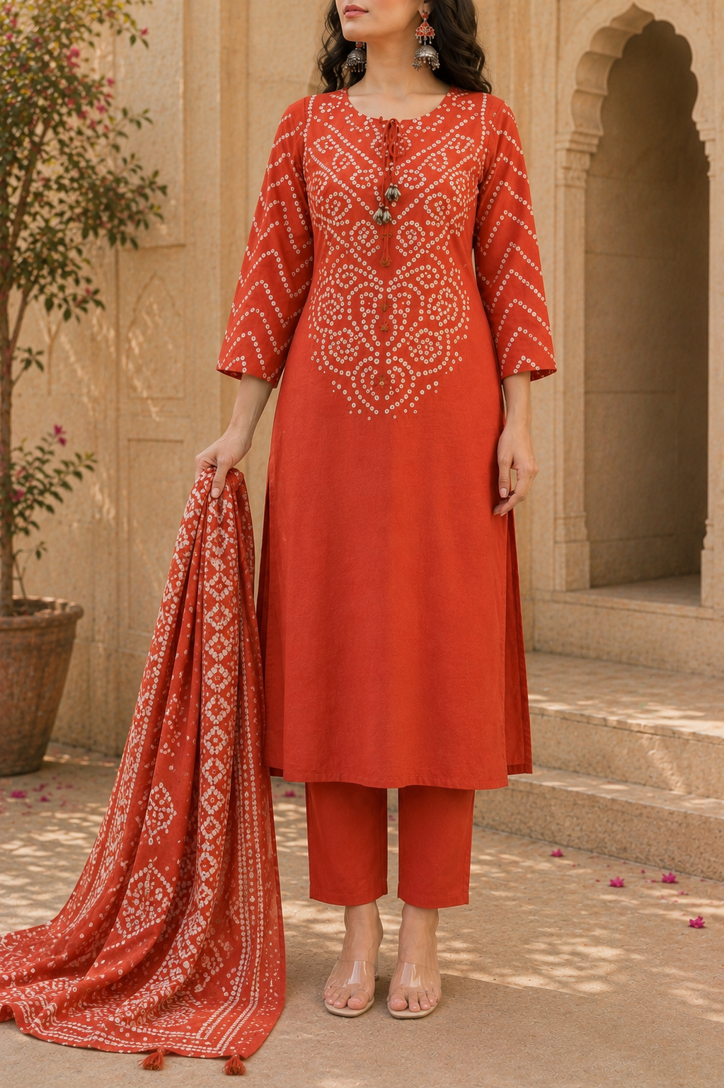 Pure Cotton Bandhani Printed Kurta Set with Palazzos & Dupatta