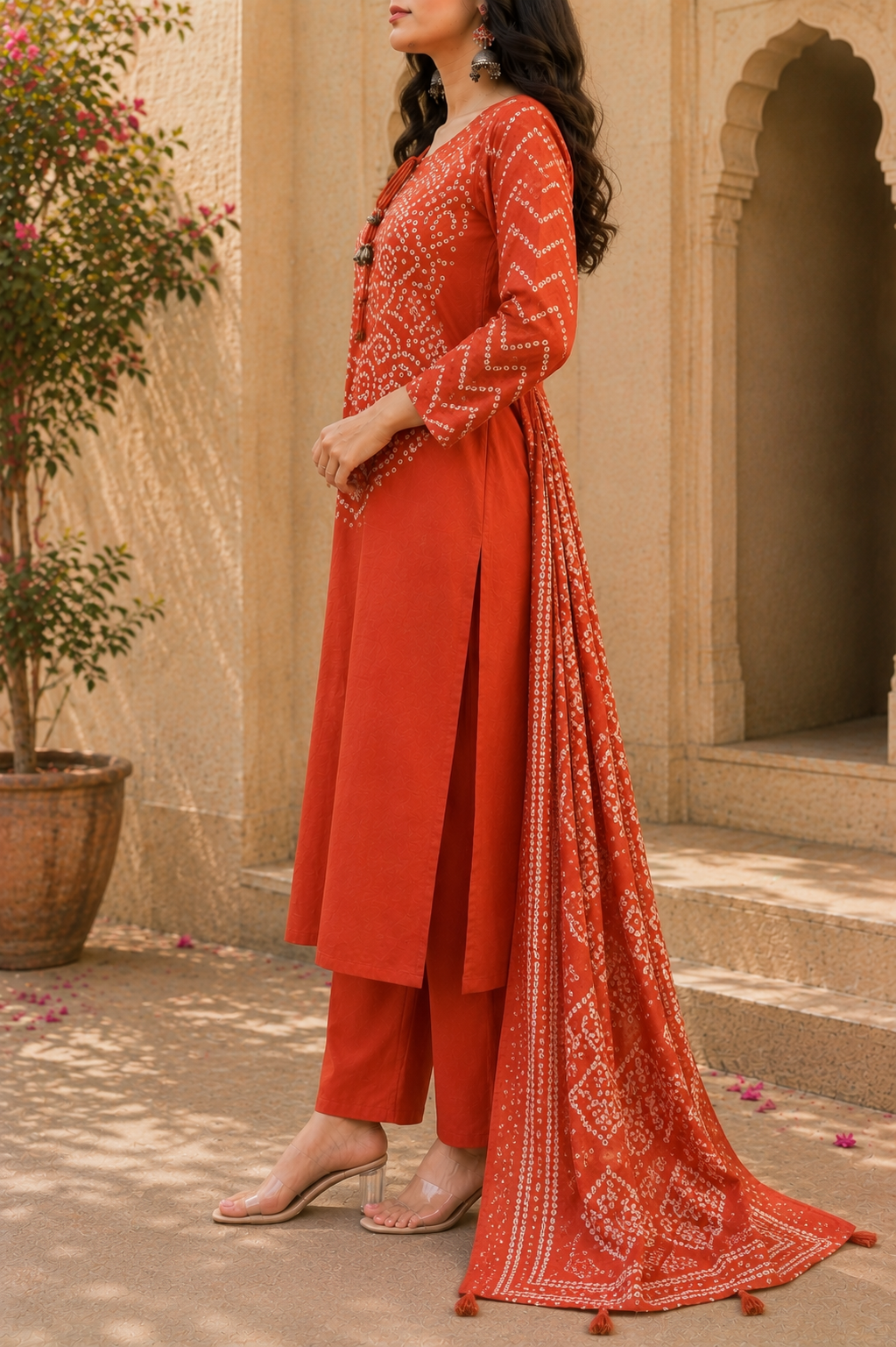Pure Cotton Bandhani Printed Kurta Set with Palazzos & Dupatta - Image 3