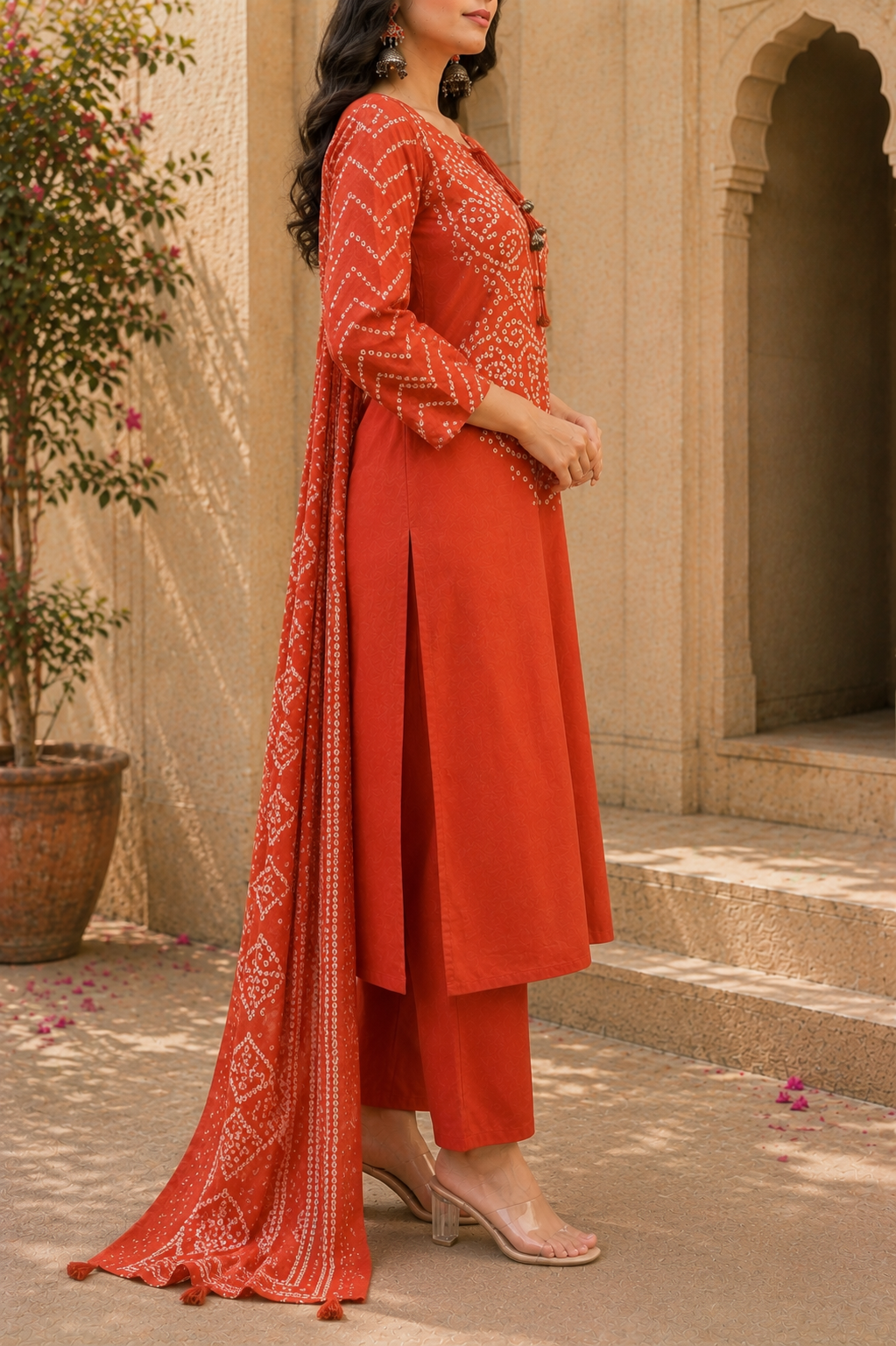 Pure Cotton Bandhani Printed Kurta Set with Palazzos & Dupatta - Image 4