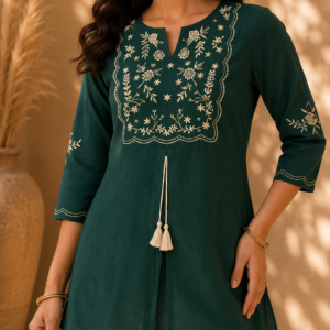 Premium Pure Cotton Embroidered Short Kurti | Floral Thread Embroidery | Regular Fit