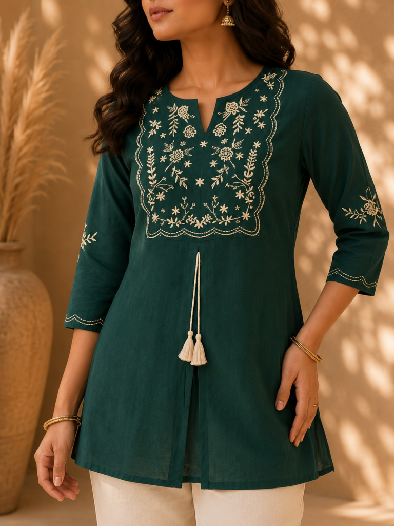 Premium Pure Cotton Embroidered Short Kurti | Floral Thread Embroidery | Regular Fit