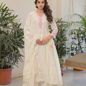Mul Chanderi Cutwork Embroidered Kurti Set with Dupatta & Inner