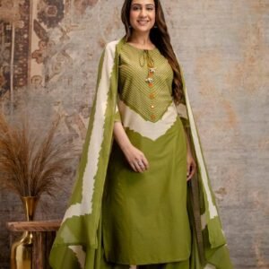 Bandhani Handwork Cotton Kurti Set with Palazzo & Dupatta