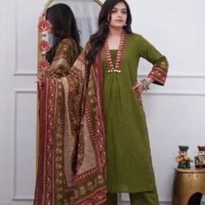 Pure Cotton Embroidered Kurti Set with Pants & Dupatta