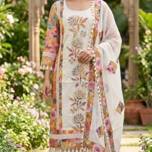 Pure Cotton Appliqué Work Kurti Set with Pants & Dupatta