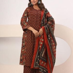 Pure Cotton Ajrak Printed Kurti Set with Palazzo & Dupatta
