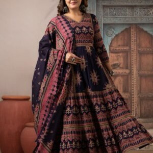 Pure Cotton Flared Anarkali Set with Neck Detailing