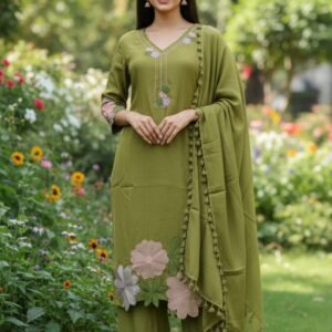 Mul Chanderi Appliqué Work Kurti Set with Pants & Dupatta