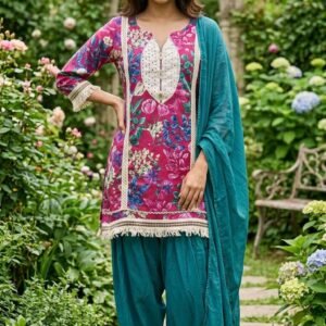 Pure Cotton Designer Kurti Set with Farsi Bottom & Dupatta