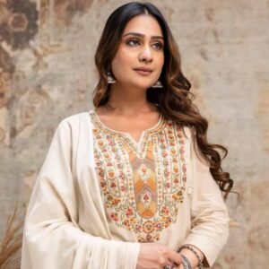 Pure Cotton Full Embroidery Kurti Set with Pants & Dupatta