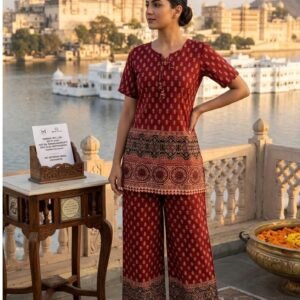 Royal Crimson Maroon Heritage Print Cotton Kurta Palazzo Co-ord Set