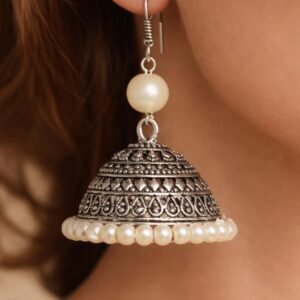 Oxidized Silver Jhumka Earrings with Pearl Detailing