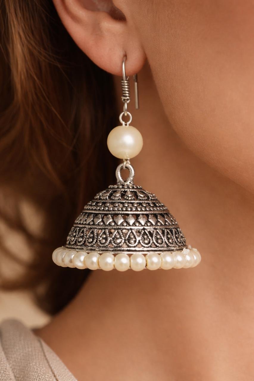 Oxidized Silver Jhumka Earrings with Pearl Detailing
