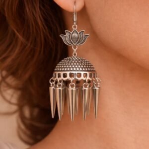 Oxidized Silver Jhumka Earrings with Spike Detailing