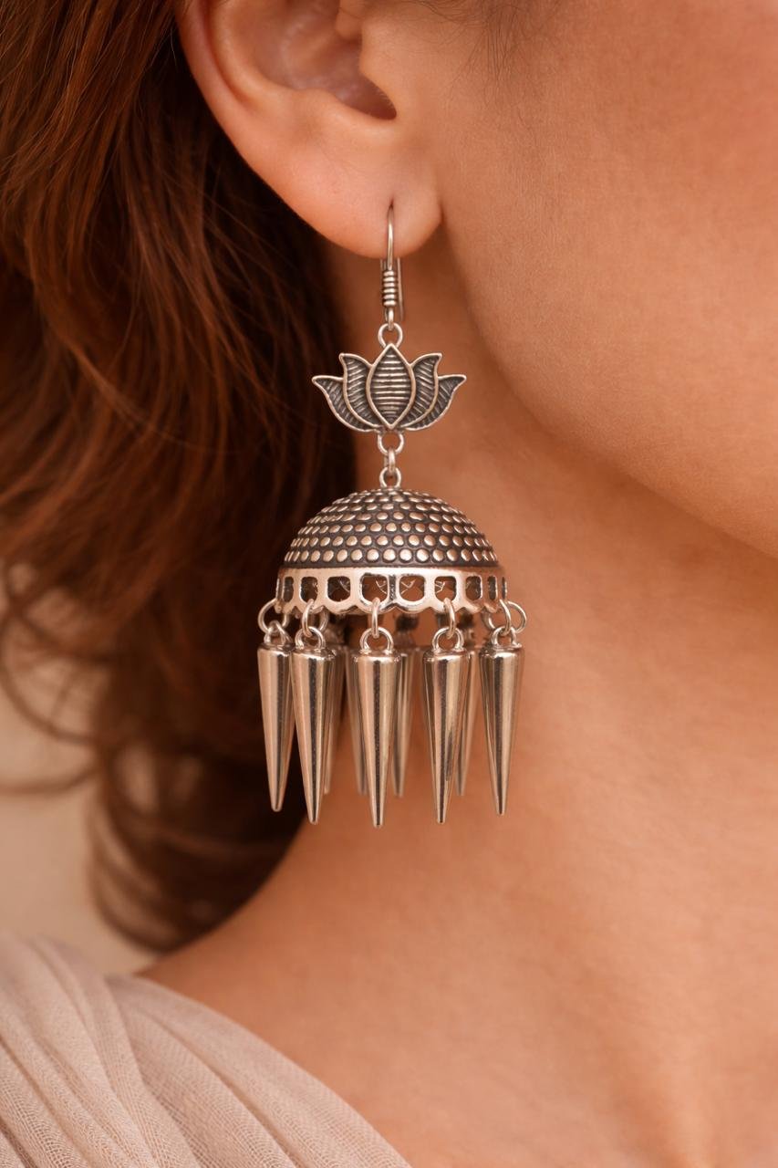 Oxidized Silver Jhumka Earrings with Spike Detailing