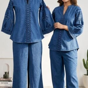 Pure Cotton Denim-Look Embroidered Co-ord Set