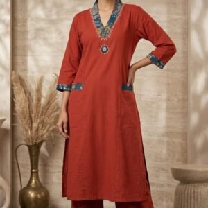 Contrast Neck Cotton Kurta Set