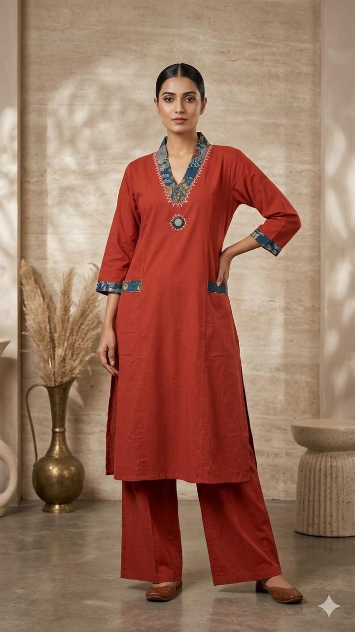 Contrast Neck Cotton Kurta Set