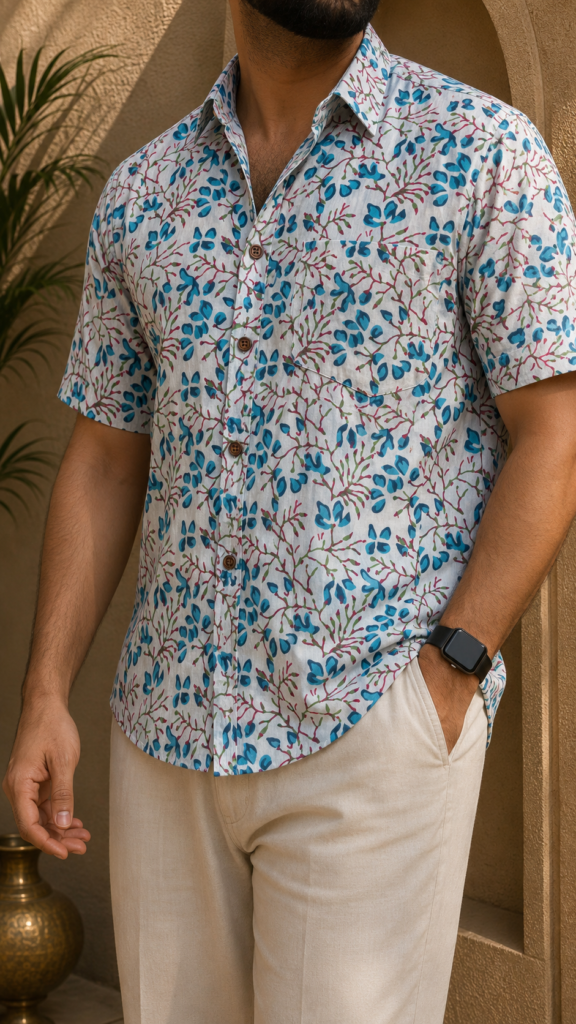 White Floral Vine Pure Cotton Big Size Shirt