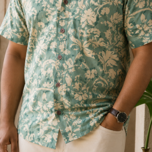 Men’s Sage Green Floral Printed Pure Cotton Big Size Shirt