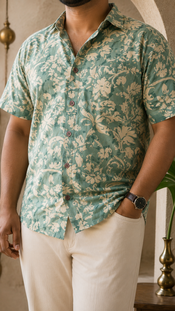 Men’s Sage Green Floral Printed Pure Cotton Big Size Shirt