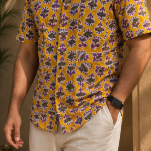 Mustard Floral Buti Pure Cotton Big Size Shirt