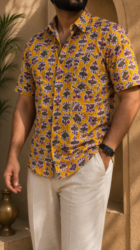 Mustard Floral Buti Pure Cotton Big Size Shirt