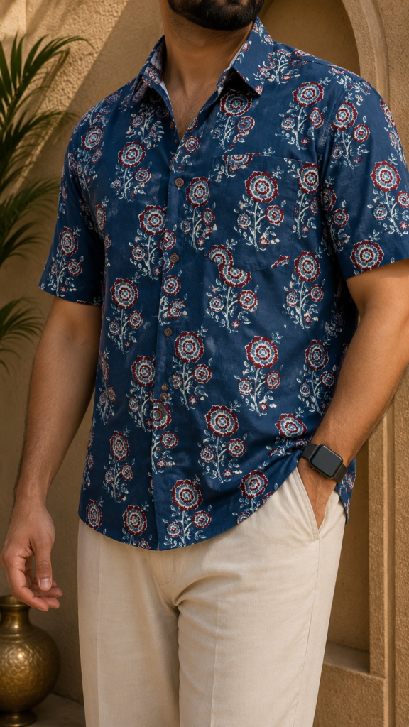 Indigo Floral Sanganeri Pure Cotton Big Size Shirt