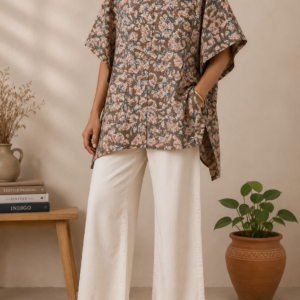 Women’s Mocha Brown Floral Printed Oversized Cotton Shirt Tunic