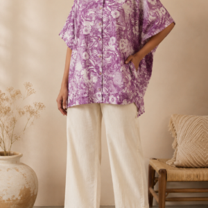 Women’s Lavender Botanical Printed Oversized Cotton Shirt Tunic