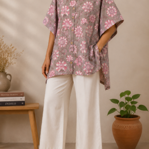 Women’s Taupe Pink Floral Printed Oversized Cotton Shirt Tunic
