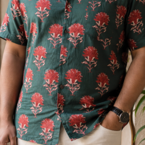 Men’s Forest Green Sanganeri Printed Pure Cotton Big Size Shirt