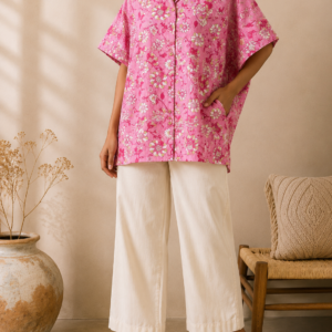 Women’s Candy Pink Floral Printed Oversized Cotton Shirt Tunic