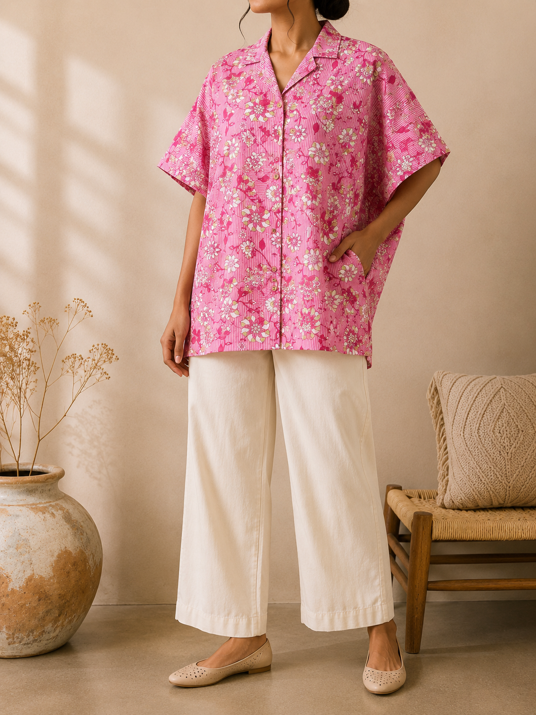 Women’s Candy Pink Floral Printed Oversized Cotton Shirt Tunic