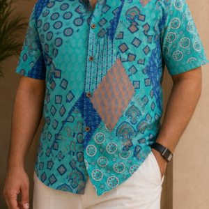 Turquoise Patchwork Sanganeri Pure Cotton Big Size Shirt