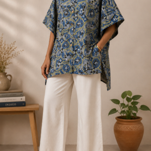 Women’s Indigo Olive Ajrakh-Inspired Oversized Cotton Shirt Tunic