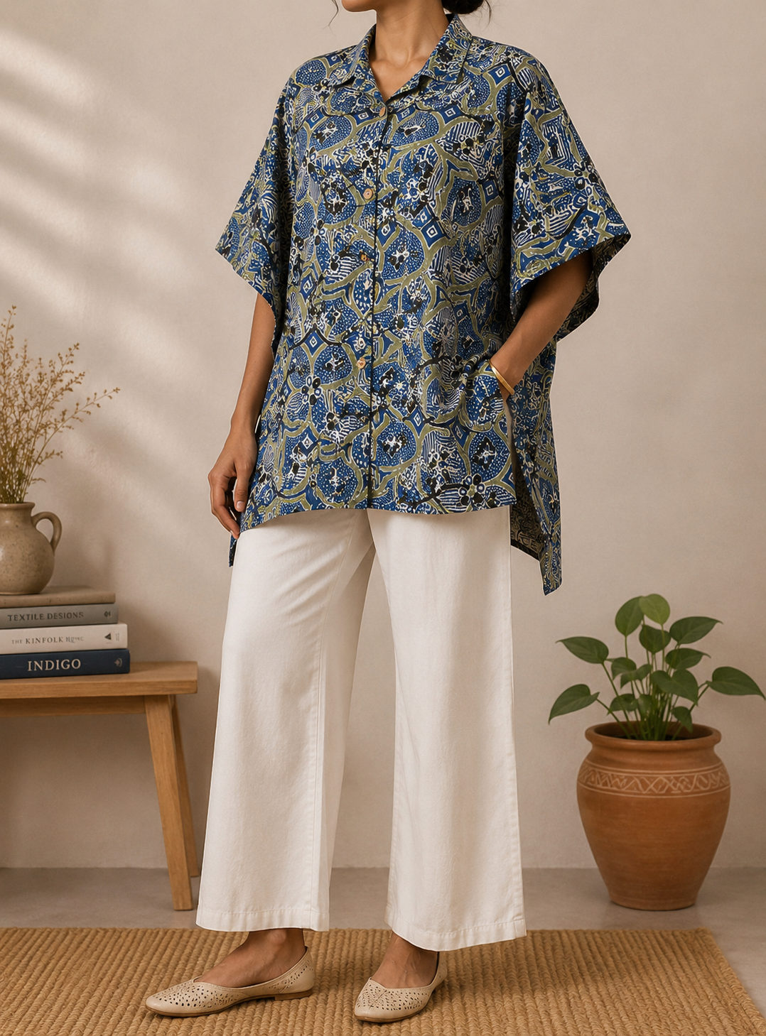 Women’s Indigo Olive Ajrakh-Inspired Oversized Cotton Shirt Tunic