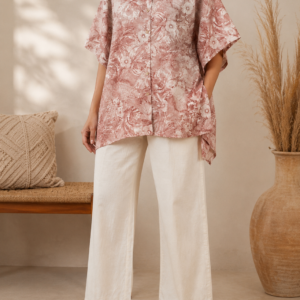 Women’s Dusty Pink Botanical Printed Oversized Cotton Shirt Tunic
