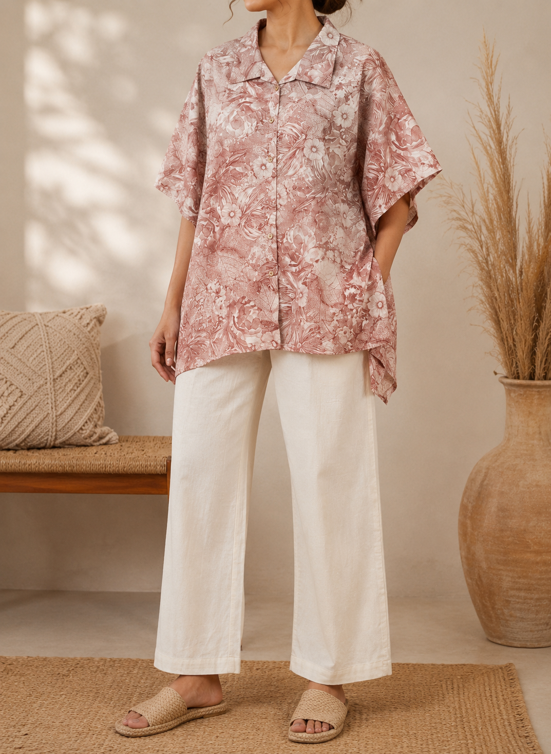 Women’s Dusty Pink Botanical Printed Oversized Cotton Shirt Tunic