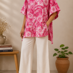 Women’s Hot Pink Tropical Floral Printed Oversized Cotton Shirt Tunic