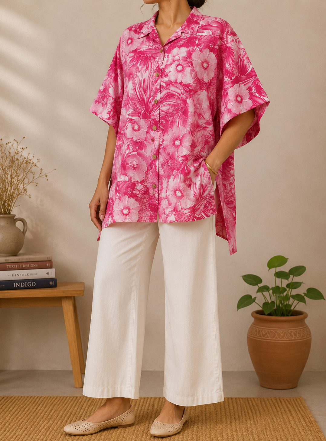 Women’s Hot Pink Tropical Floral Printed Oversized Cotton Shirt Tunic