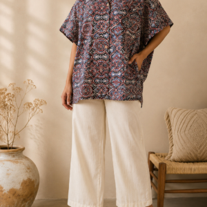 Women’s Indigo Ajrakh-Inspired Oversized Cotton Shirt Tunic