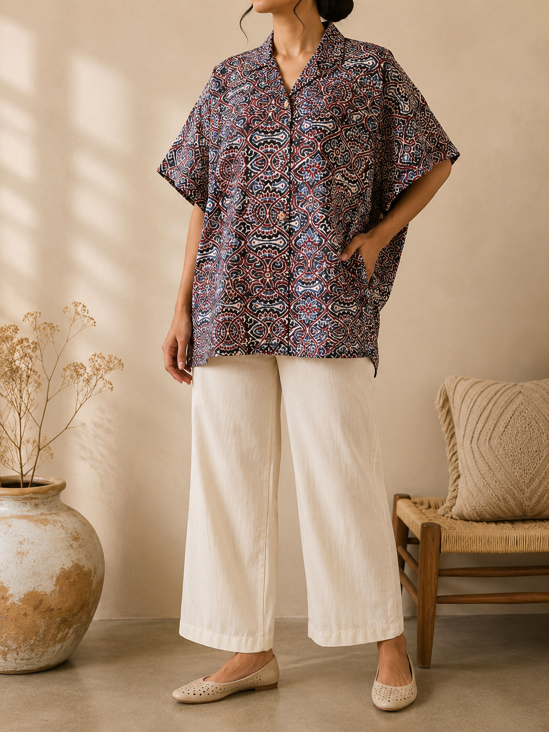 Women’s Indigo Ajrakh-Inspired Oversized Cotton Shirt Tunic