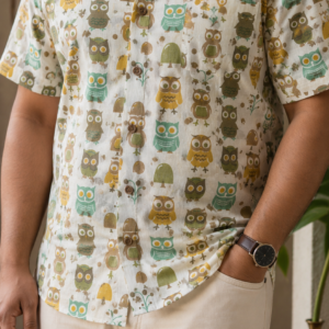 Men’s Ivory Owl Printed Pure Cotton Big Size Shirt
