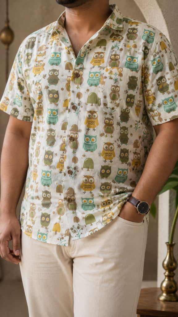 Men’s Ivory Owl Printed Pure Cotton Big Size Shirt