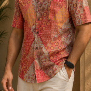 Coral Patchwork Sanganeri Pure Cotton Big Size Shirt