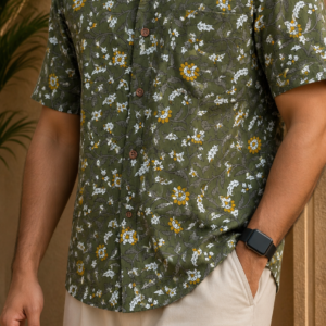 Olive Floral Sanganeri Pure Cotton Big Size Shirt
